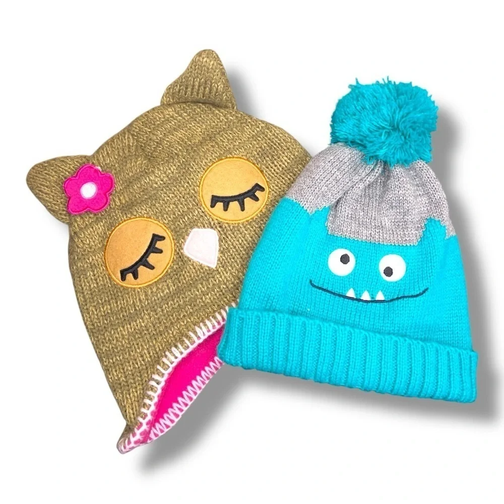 Set Of 2 Girls Hats Winter Fun Knit Owl  Monster Cute Cozy Winter 2T 5T